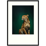 Framed wall art showing an emerald green leopard on a twilight background, styled in a modern interior setting