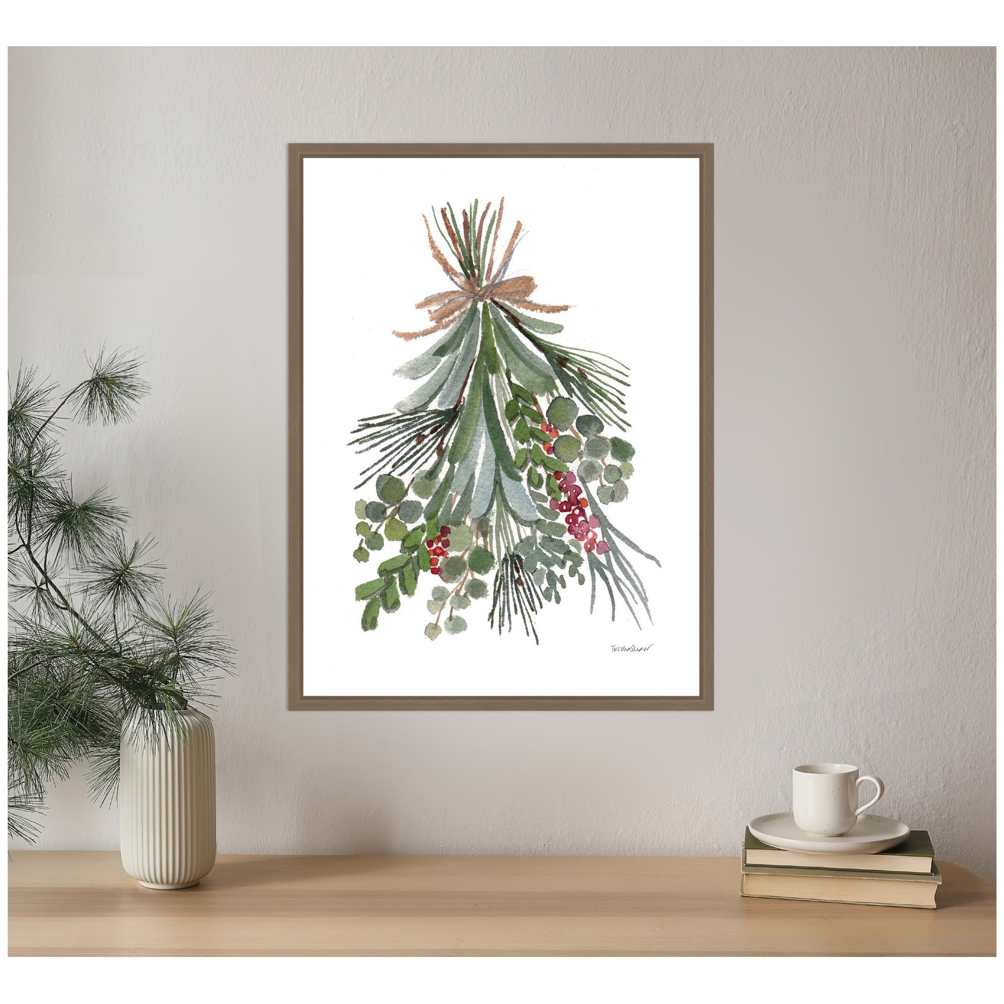 Sylvie Framed Canvas Mixed Greens Holiday Swag by Patricia Shaw
