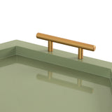 Close-up of a square olive green tray with raised edges and a cylindrical gold handle attached to the side