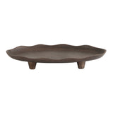 Oval decorative tray with a scalloped edge and textured dark brown finish, elevated on three short rounded legs, shown from a side angle.