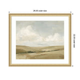 Framed landscape painting showing rolling beige and brown hills under a cloudy, pale blue sky, titled Whispering Meadows II by Amy Lighthall.