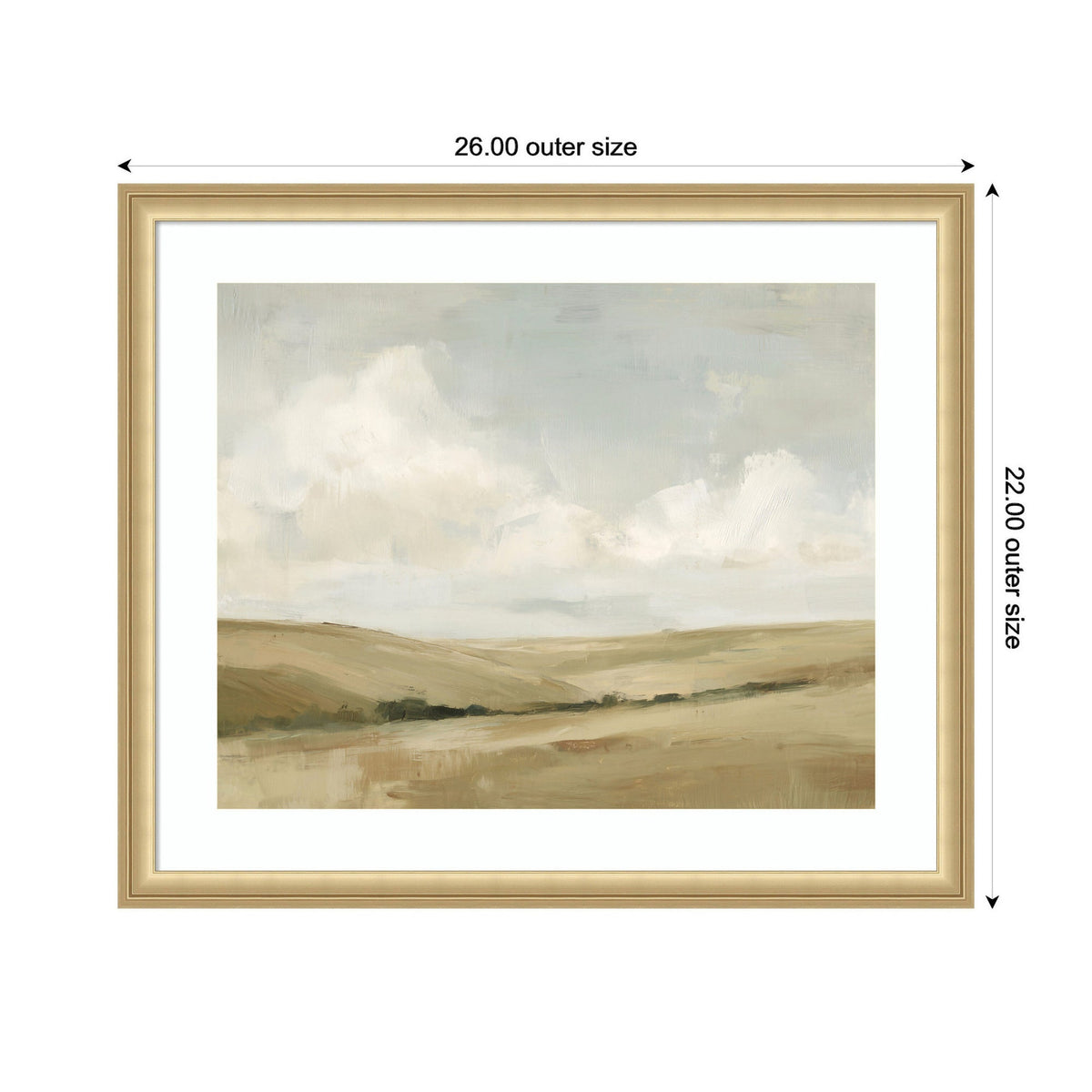 Framed landscape painting showing rolling beige and brown hills under a cloudy, pale blue sky, titled Whispering Meadows II by Amy Lighthall.