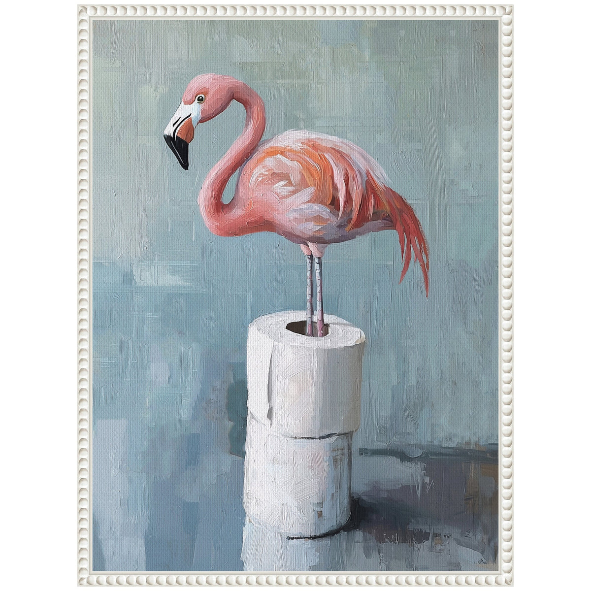 Pink flamingo standing with one leg raised on a stack of three white toilet paper rolls against a muted blue-grey background, framed in white ornate molding.