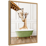 Framed canvas art depicting a mother and baby giraffe beside a transitional bathtub
