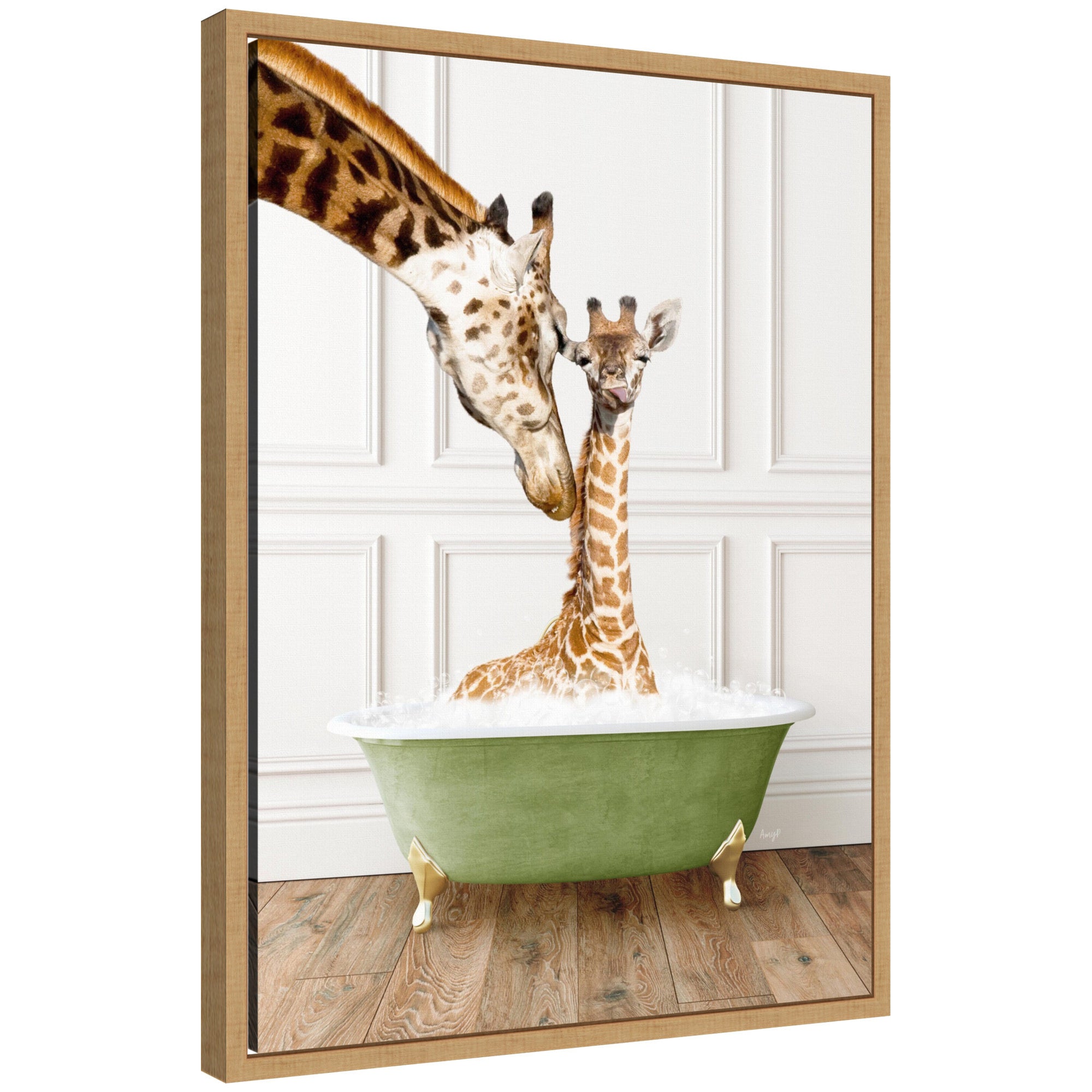 Framed canvas art depicting a mother and baby giraffe beside a transitional bathtub