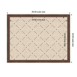Rectangular pinboard with dark wood frame and beige fabric featuring a subtle green lattice dot pattern, measuring 26 by 20 inches outer size.