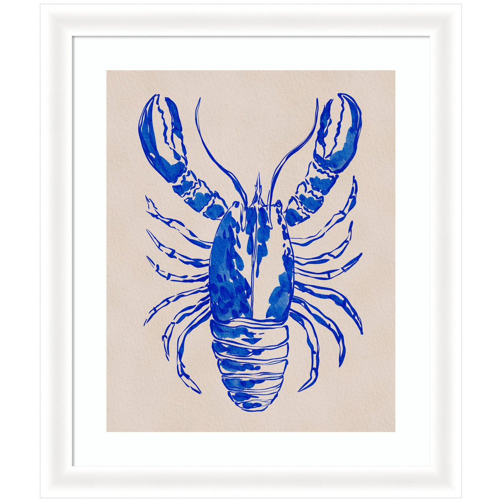 Framed art print of blue lobster silhouette by Nikita Jariwala in Oliver White Narrow molding