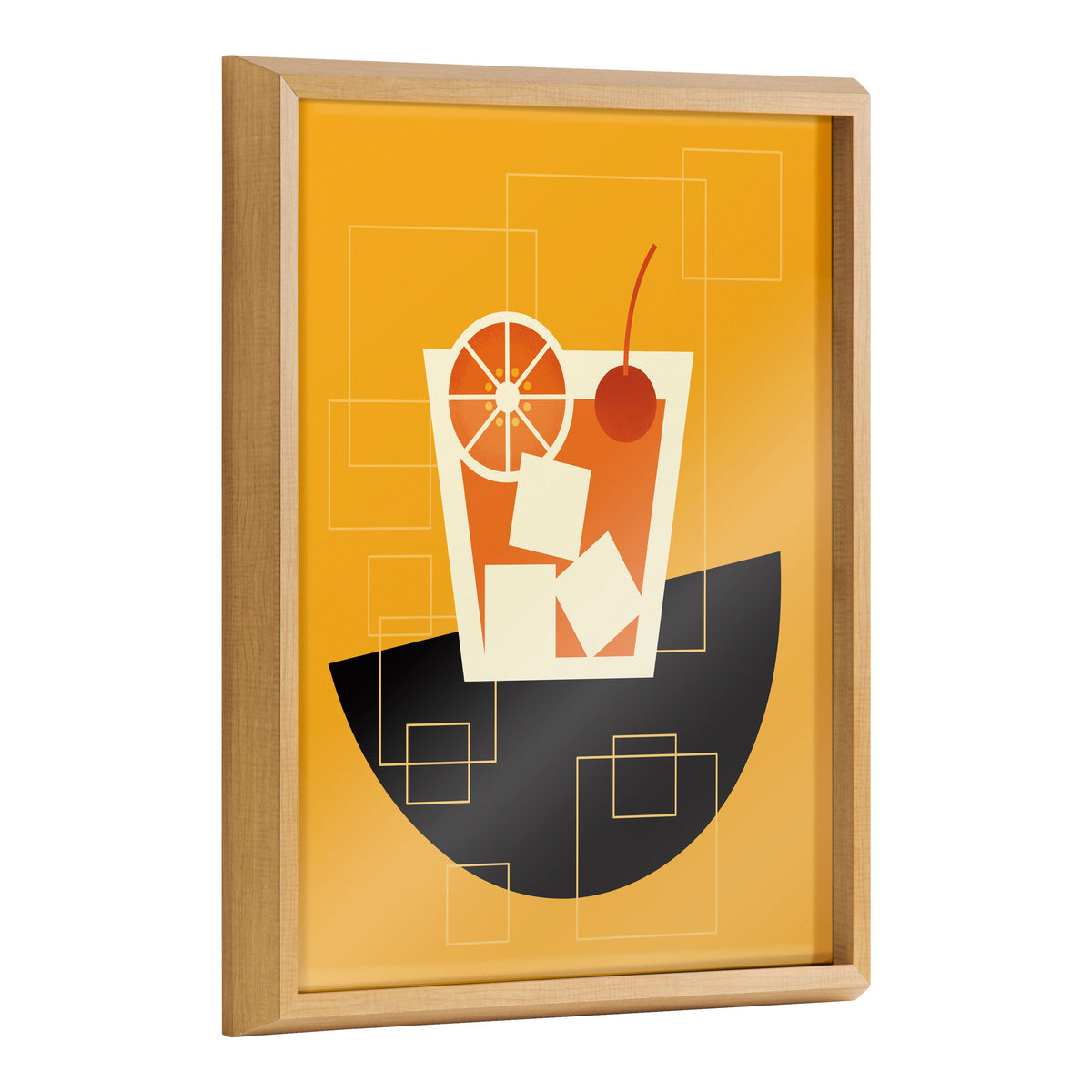 Framed abstract art print of an old fashioned cocktail with orange slice, cherry, and ice cubes on warm yellow and black geometric background.