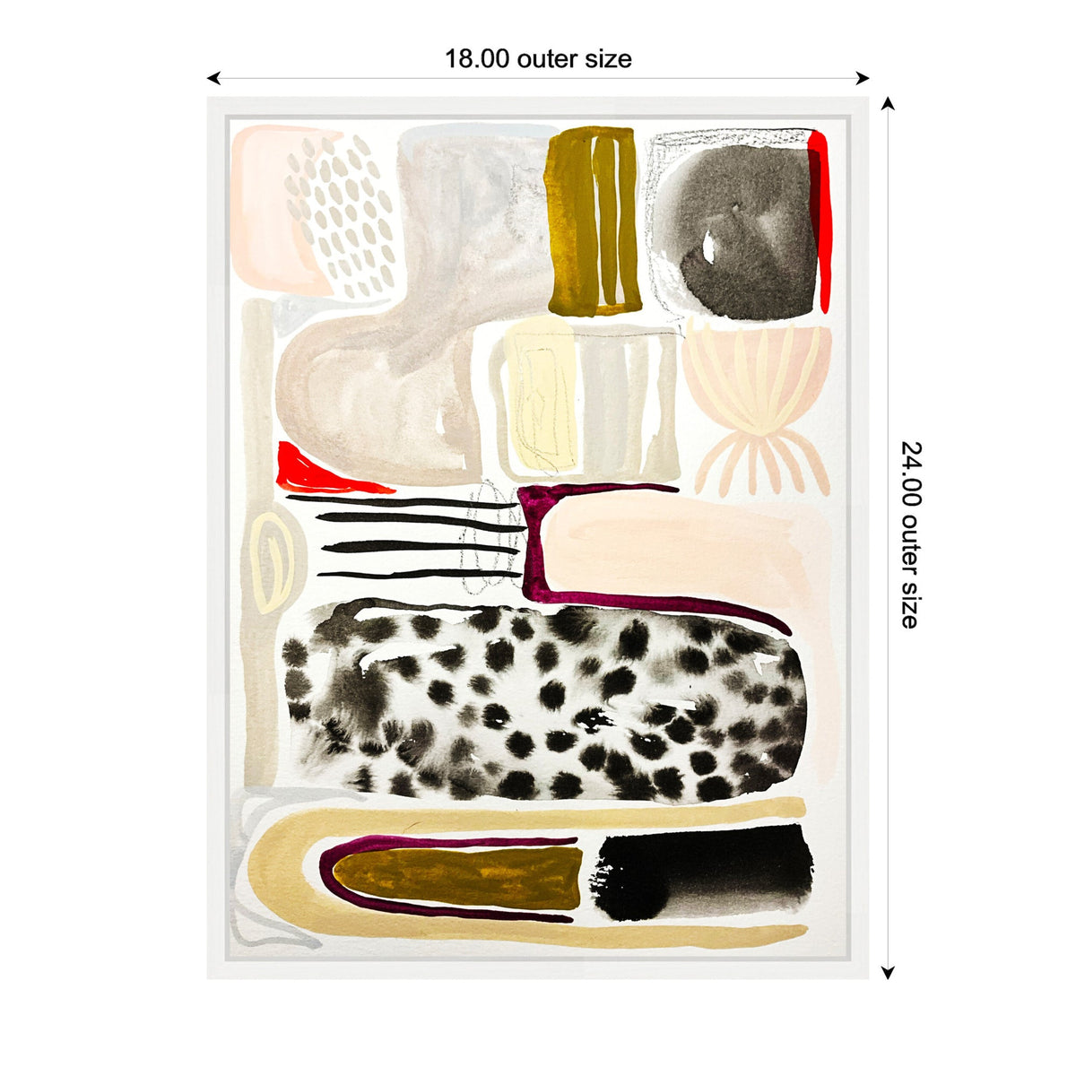 Abstract painting with beige, black, mustard, red, and gray shapes including a large spotted black and beige oval and vertical black lines, framed in white with size annotations.