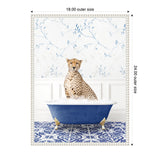 Cheetah sitting in a clawfoot bathtub filled with bubbles, blue tile floor with white pattern and light blue floral wallpaper background.