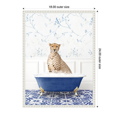 Sylvie Cheetah in Eclectic Blue Bath Framed Canvas by Amy Peterson