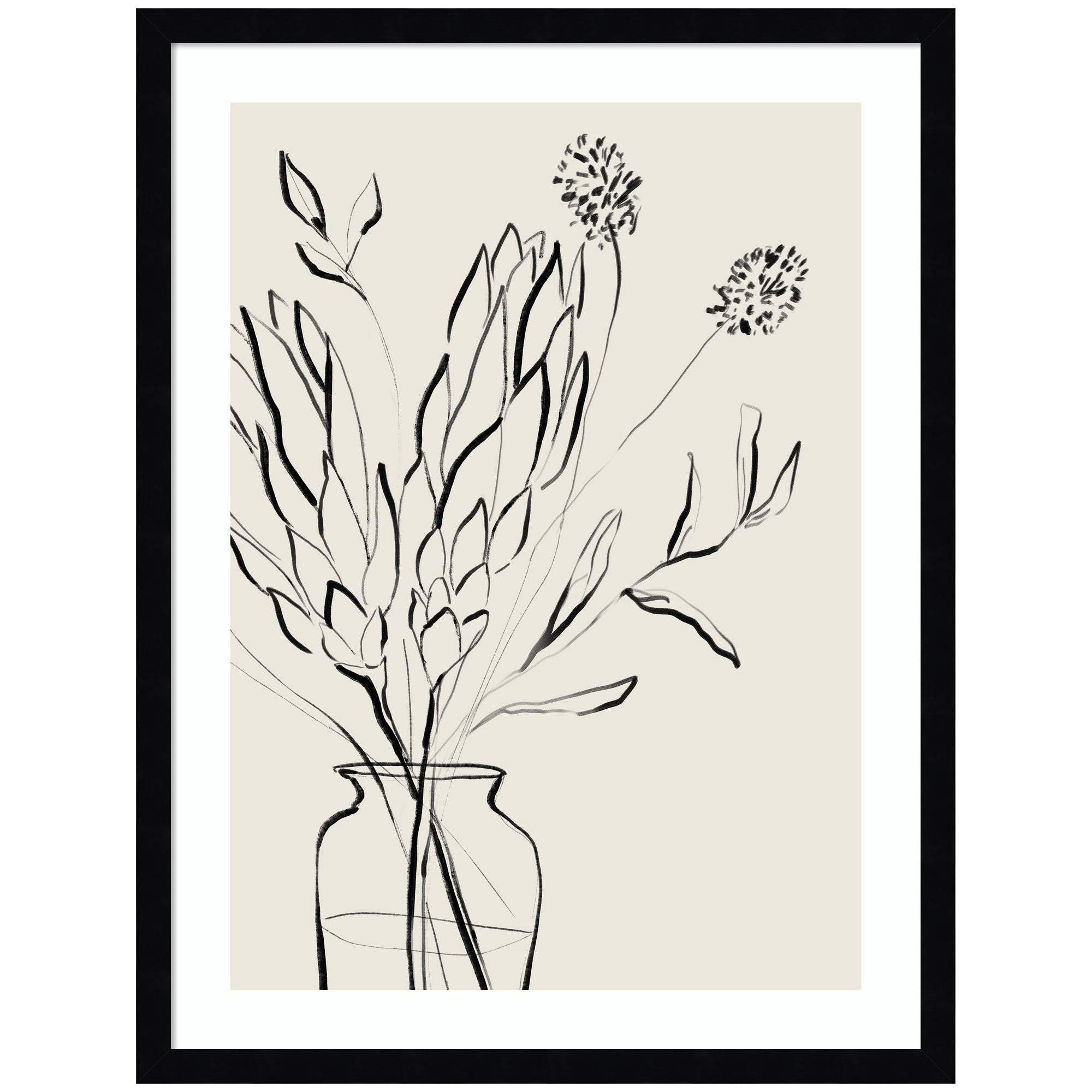 Framed wall art print titled Protea Sketch No.
2 by Sara Berrenson featuring botanical sketch in black with wooden frame