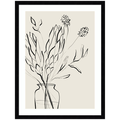 Framed wall art print titled Protea Sketch No.
2 by Sara Berrenson featuring botanical sketch in black with wooden frame