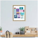 Framed wall art print featuring nine colorful matchbook designs with Pisces zodiac symbols and aquatic themes in blues, purples, and pinks, hanging above a wooden desk.