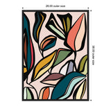 Abstract botanical design featuring colorful stylized ficus leaves in black outlines on a light beige background within a 28x38 inch black frame.