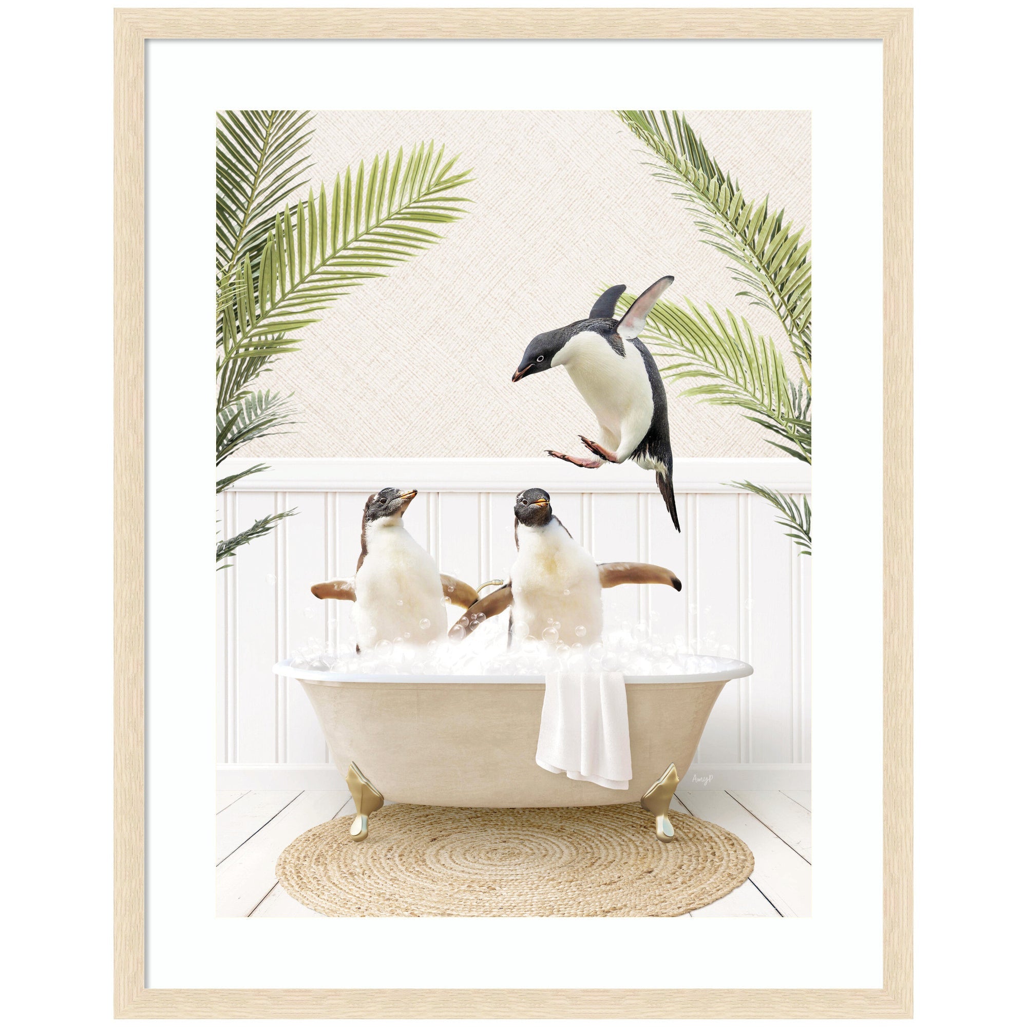 Penguins in Palms Bath by Amy Peterson Framed Wall Art Print