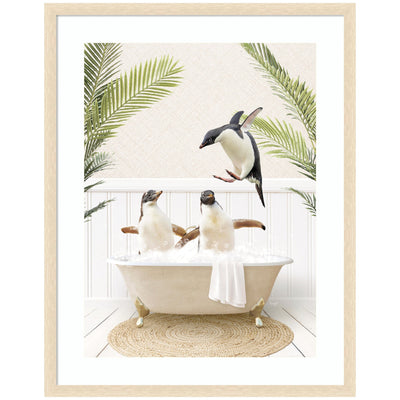 Penguins in Palms Bath by Amy Peterson Framed Wall Art Print