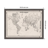 Framed vintage-style black and white world map printed on linen fabric with outer dimensions 26 by 20 inches and inner map size 24 by 18 inches