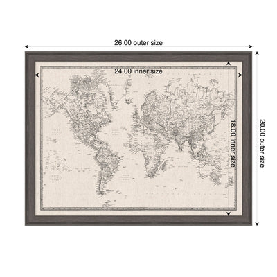 Framed Fabric Pinboard Vintage Black and White Linen World Map Wall Organization
