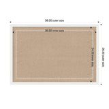 Rectangular pinboard with beige fabric center and decorative white scalloped trim along the inner edges, framed by a white outer border with dimensions labeled.