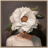 Portrait of a woman with a large white flower obscuring her face, detailed petals and green leaves against a muted gray background.