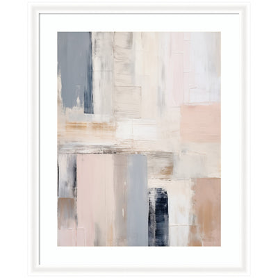 Framed Artwork titled Rustic Melody by Amy Lighthall, showing abstract geometric shapes in neutral and pastel colors.
