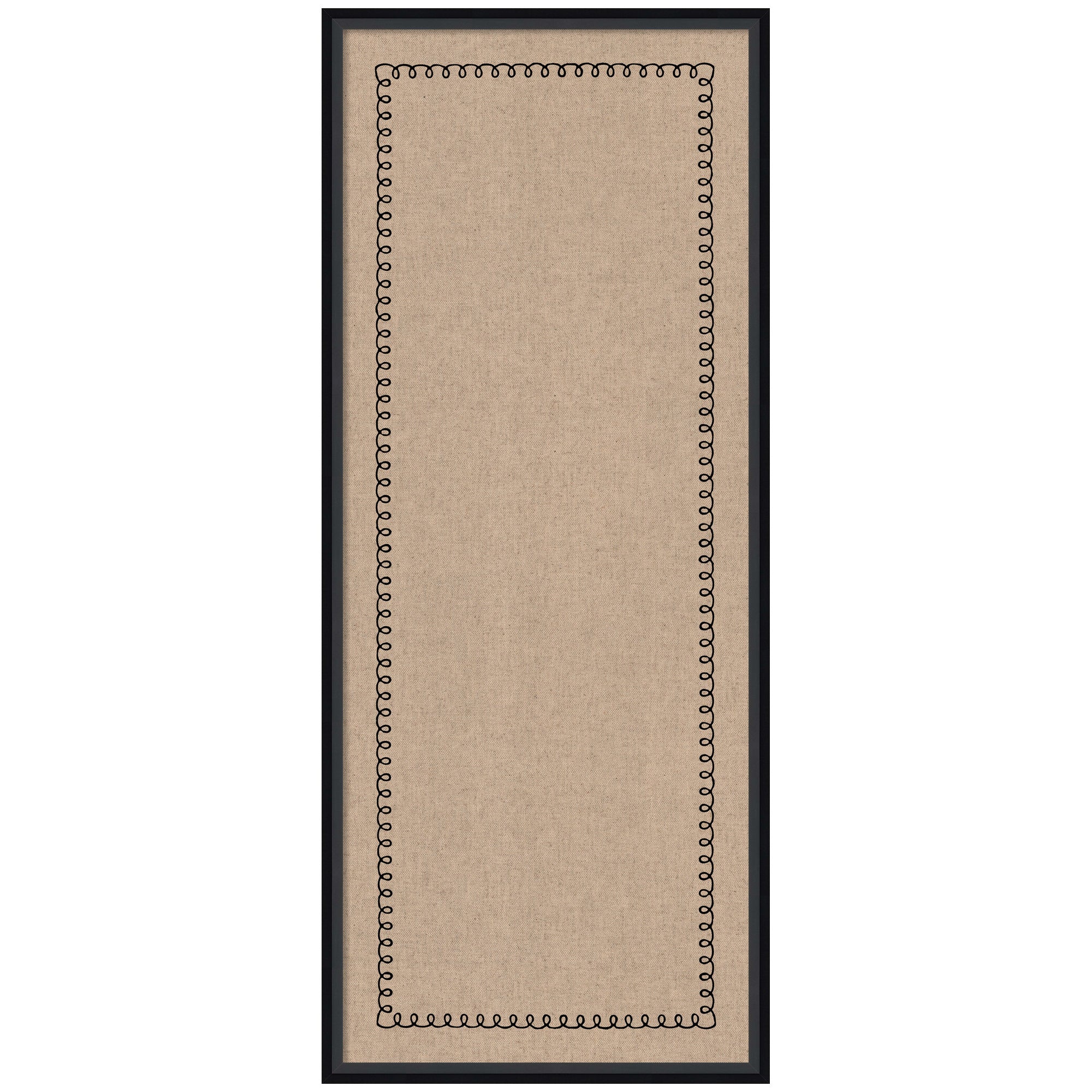 Pinboard with neutral linen fabric and black scallop border displayed on a wall