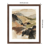 Abstract mountain landscape painting in muted earth tones with overlapping shapes, framed in a dark wood frame with a white mat border.