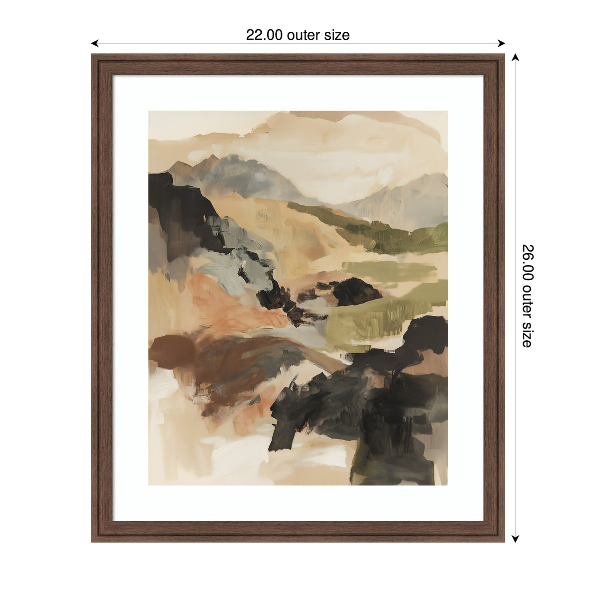 Abstract mountain landscape painting in muted earth tones with overlapping shapes, framed in a dark wood frame with a white mat border.
