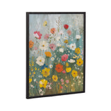 Framed boho-style print of wildflowers with pink, white, yellow, orange, and red blooms against a muted blue and gray background.