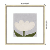 Minimalist white tulip with dark green leaves on a soft muted lavender-gray square background, framed in a textured light wood frame with white matting.