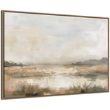 Framed abstract landscape painting with soft beige, gray, and muted green tones depicting a misty field and distant trees under an overcast sky.