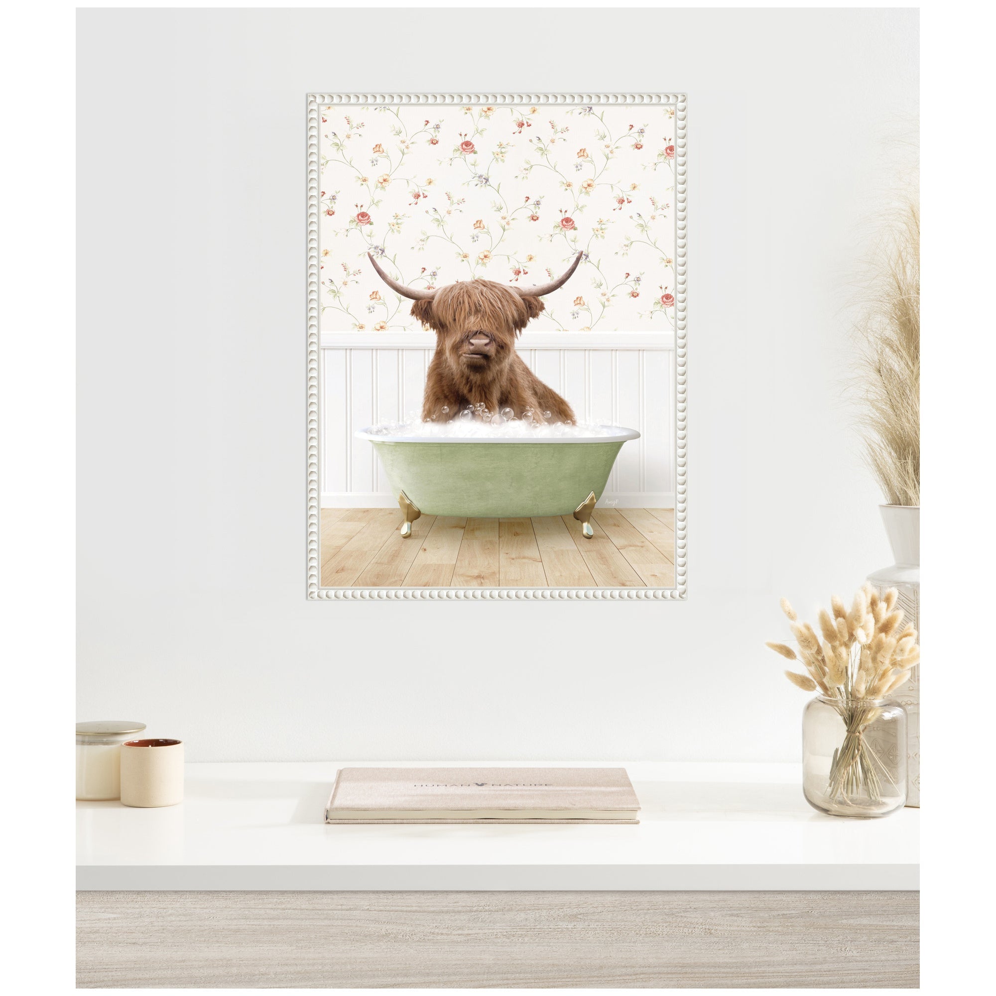 Sylvie Highland Cow in Cottage Farm Bath Framed Canvas by Amy Peterson