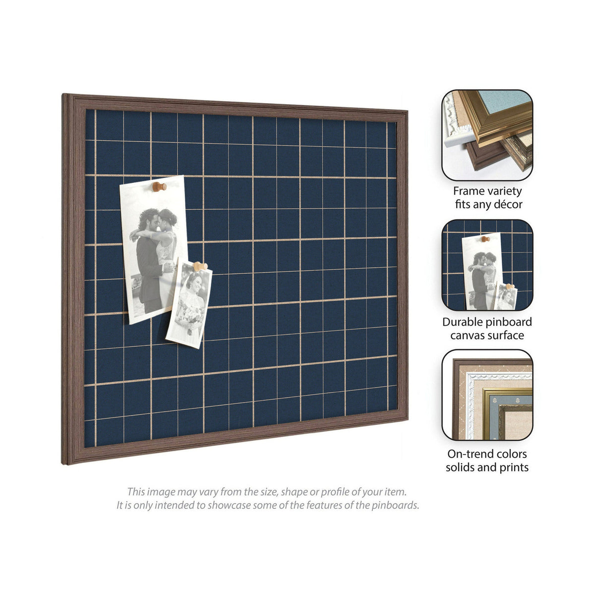Square pinboard with navy blue fabric and light beige grid lines, framed in dark wood, displaying two black and white photos clipped at the top.