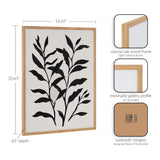 Black botanical silhouette of slender leaves on white background in a natural oak wood frame with minimalist gallery profile, shown with sawtooth hangers on back.