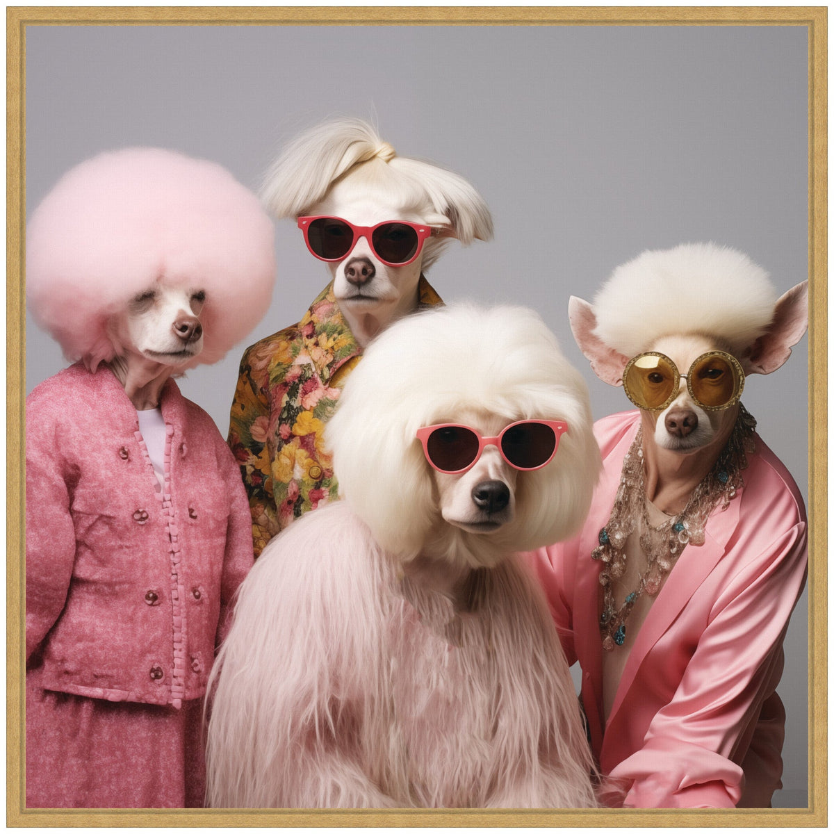 Four poodles wearing colorful sunglasses and stylish clothing, including pink fluffy, floral, and satin fabrics, posed against a plain gray background.