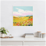 Brightly colored meadow landscape painting with green and orange fields, pink flowers, and a blue sky with white clouds, framed in white on a white wall.