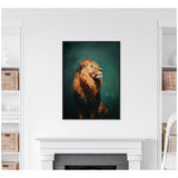 Portrait of a majestic lion with a golden mane against a deep green, textured background, displayed in a black frame above a white mantel.