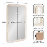 Rectangular wall mirror with rattan-wrapped frame in natural white finish, dimensions 24x35.75 inches, featuring D-ring hangers for vertical or horizontal mounting.