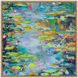 Abstract painting of a pond with green and yellow lily pads, blue and purple water reflections, and scattered touches of pink and orange flowers, framed in light wood.