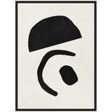 Abstract geometric composition in black shapes on off-white background, featuring a rounded block, curved line, and oval within a thin black frame.
