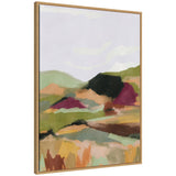 Abstract landscape painting with soft pastel hues and blurred shapes suggesting hills, vegetation, and sky in a wooden frame.