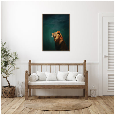 Lion on Tonal Blue Teal Green Abstract by The Creative Bunch Studio Framed Canvas Wall Art Print