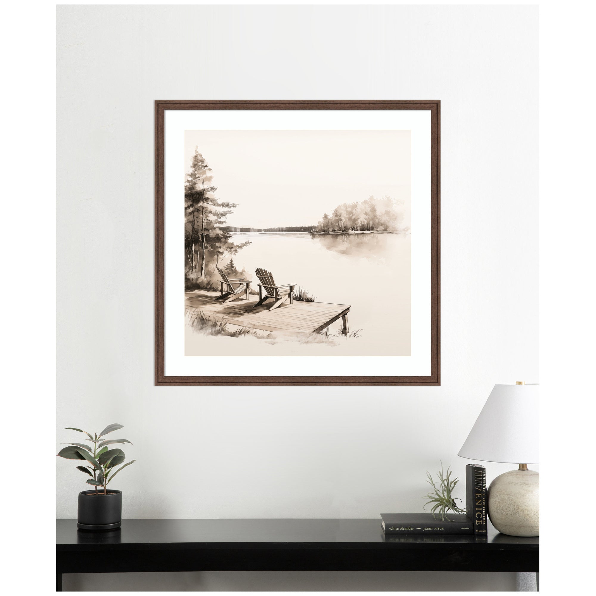 Abstract Sketch Of Adirondack Chairs On A Dock by The Creative Bunch Studio Framed Wall Art Print