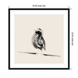Abstract black brushstroke rendering of a bird perched on a horizontal branch against a light beige background, framed in black with a white mat.