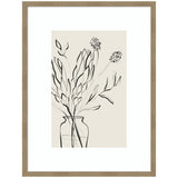 Minimalist black line drawing of protea flowers and leaves in a simple clear vase, set against a light beige background and framed in light wood.