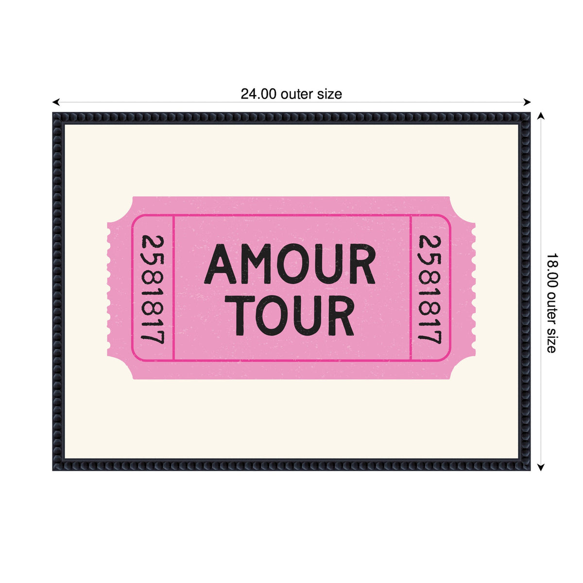 Pink retro-style ticket with black text 'AMOUR TOUR' centered, framed in black with a cream background, showing ticket numbers 2581817 on each side.