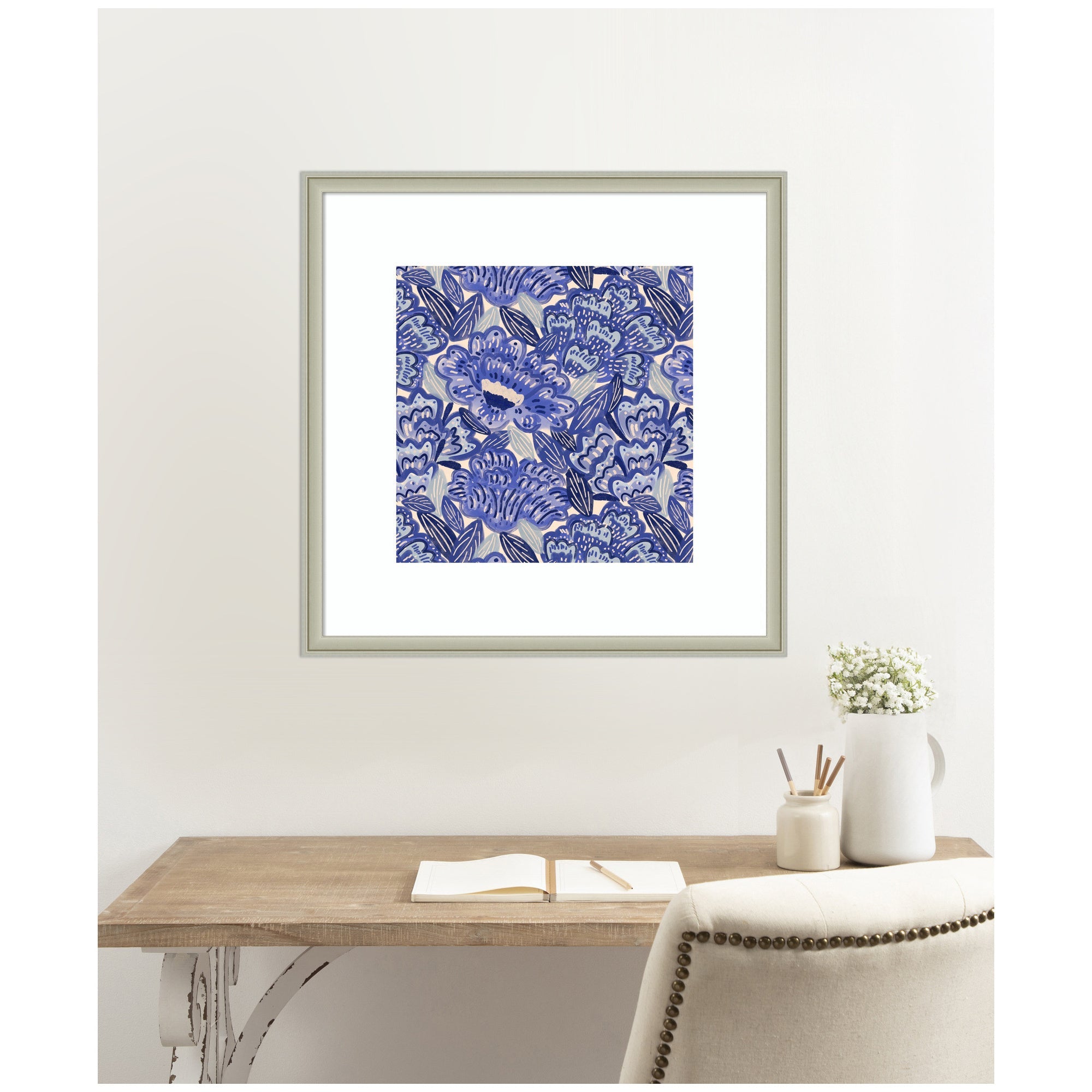 Framed Art Painted Flowers Blue by Carrie Cantwell