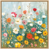 Framed canvas painting of a colorful wildflower garden with red, yellow, white, and pink blossoms against a soft blue and green background, featuring delicate stems and leaves.