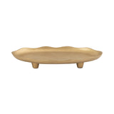 Oval decorative tray in matte gold with scalloped edges and three short cylindrical legs visible from side view